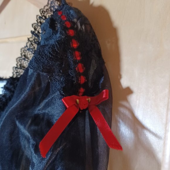 INNER MOST VINTAGE Black Red Ribbon Trim Cap Sleeves Babydoll Robe_Size Medium - Picture 5 of 10